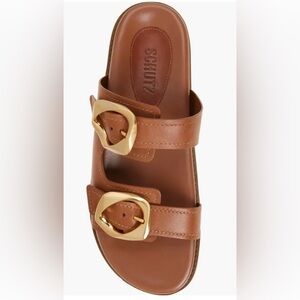 SCHUTZ OLGA BUCKLE SPORTY SLIDE LEATHER SANDAL BRASIL WOMEN TAN COLOR SIZE 5.5B
